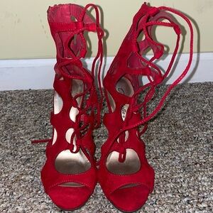 Womens Like New Breckelle Red Suede Galdiator Lace Up Stileto High Heels